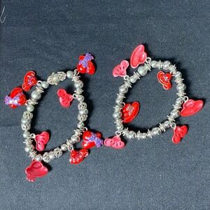 Womens‎ Red Heart Charm Bracelets Set Silver Tone Beaded Jewelry Accessory